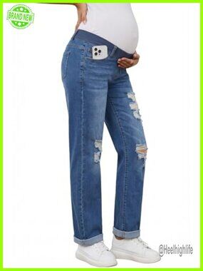 Maternity Boyfriend Jeans Under Belly Low Rise Distressed Cotton Blend